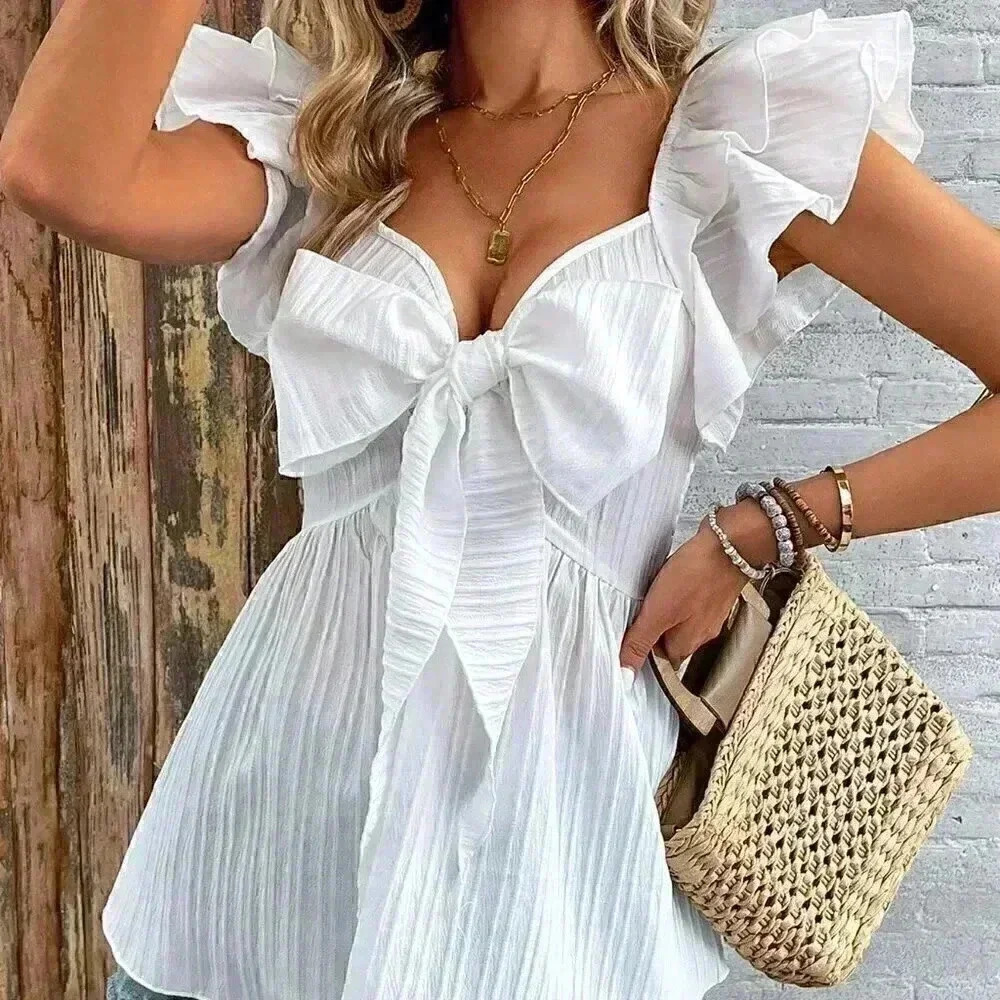 Women's Bowknot Decorated Batwing Sleeve Blouse